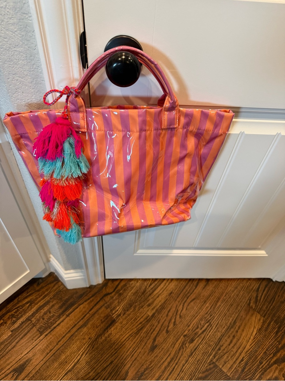 Striped Pink & Orange Tote Satchel with Colorful Tassel